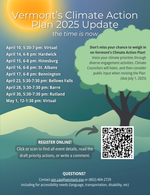 Vermont Climate Action Plan Spring Input sessions flyer